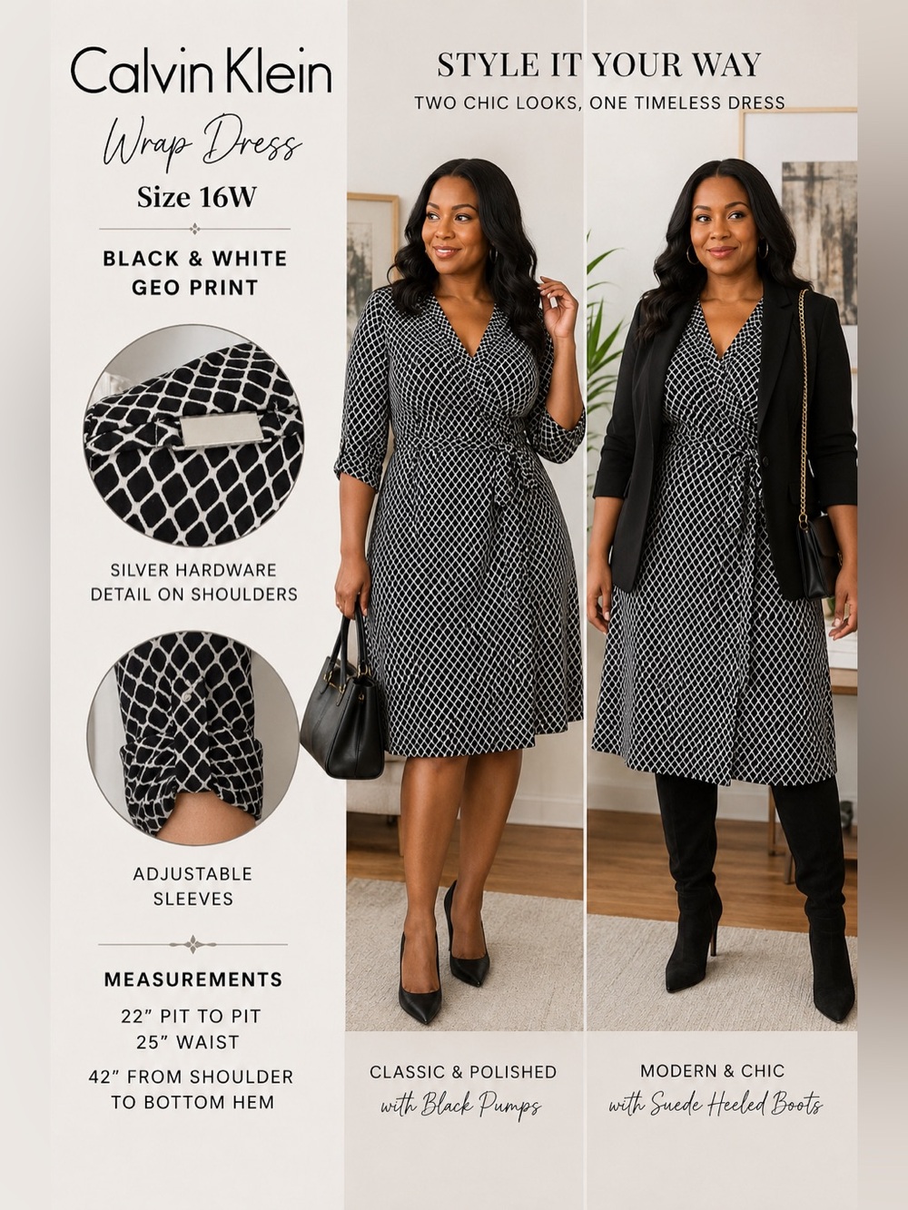 Calvin Klein Black & White Geo Print Wrap Dress Sz 16W